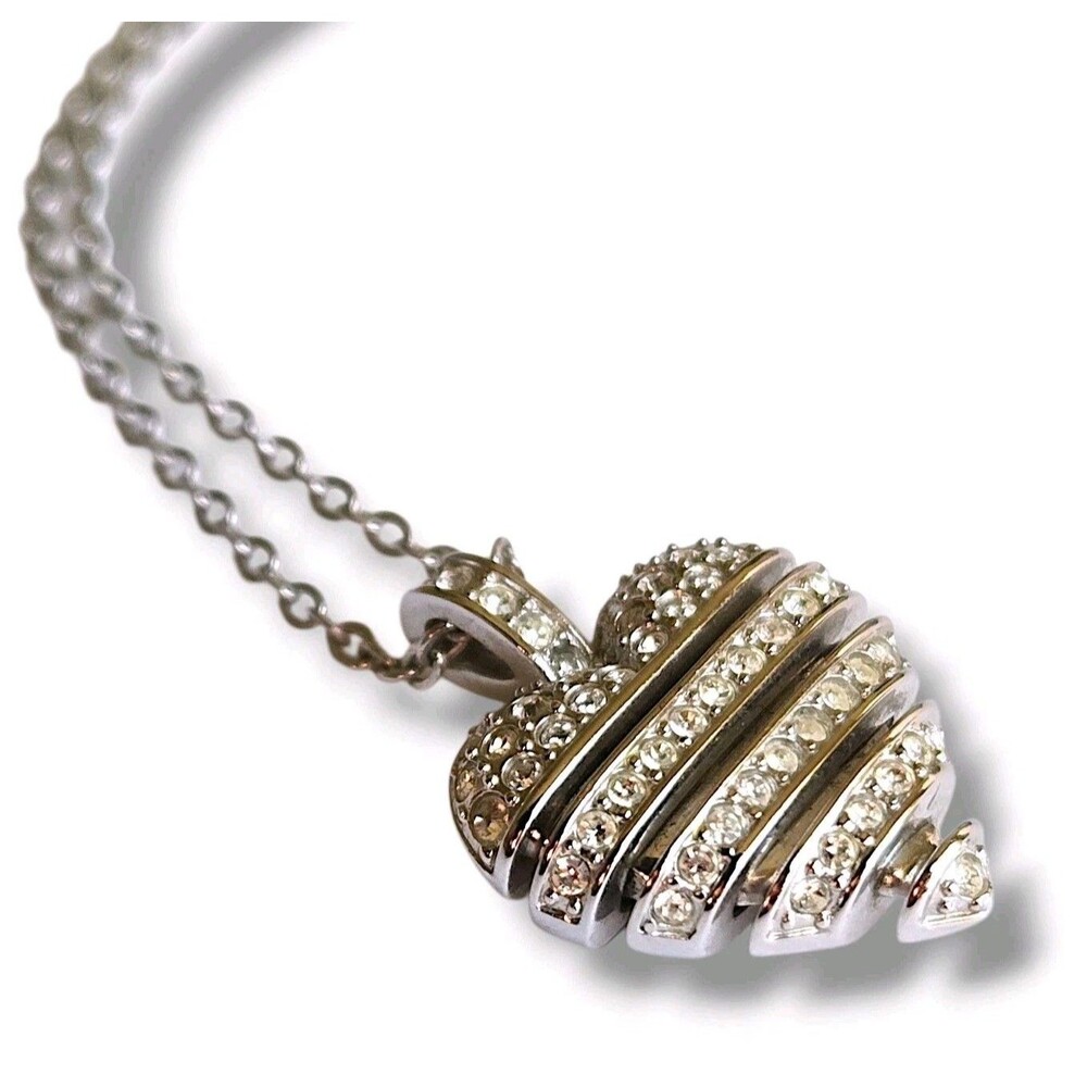 Swarovski Crystal Pave Heart Pendant Necklace Ribbed Silver Tone Signed 15"-17"
